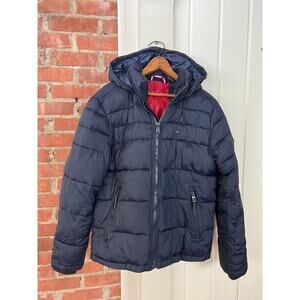 Tommy Hilfiger Navy Blue Hooded Puffer Jacket Mens Medium Quilted Winter Coat